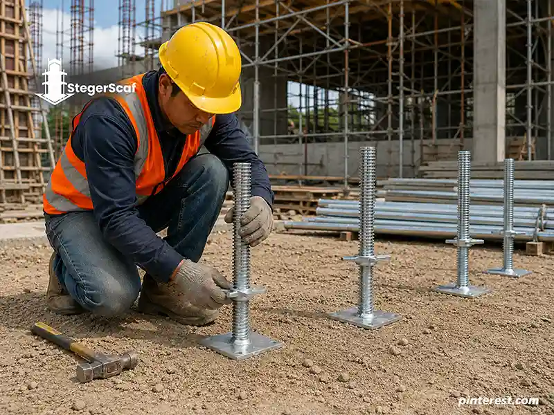 Jack base scaffolding yang siap dipasang pada sistem perancah konstruksi